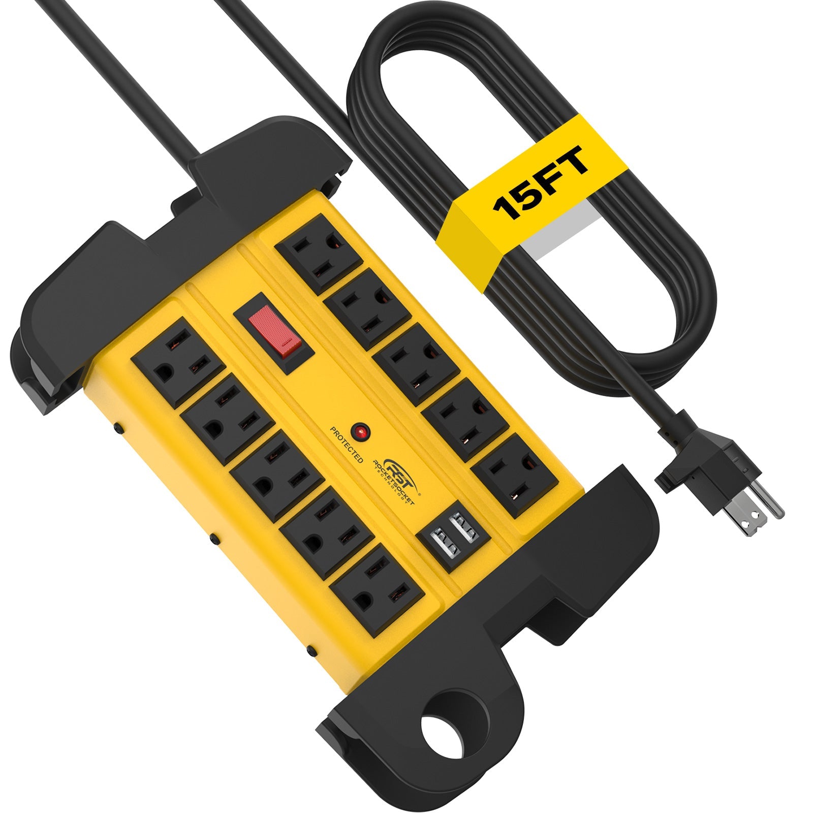 CRST 10-Outlet Metal Power Strip Surge Protector, 2800 Joules, 15ft Heavy Duty Cord with Management Wrap, Dual USB Ports, Industrial Mountable Design for Workshop & Garage