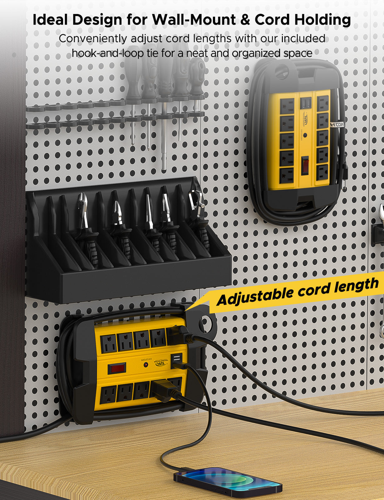 CRST 10-Outlet Metal Power Strip Surge Protector, 2800 Joules, 15ft Heavy Duty Cord with Management Wrap, Dual USB Ports, Industrial Mountable Design for Workshop & Garage
