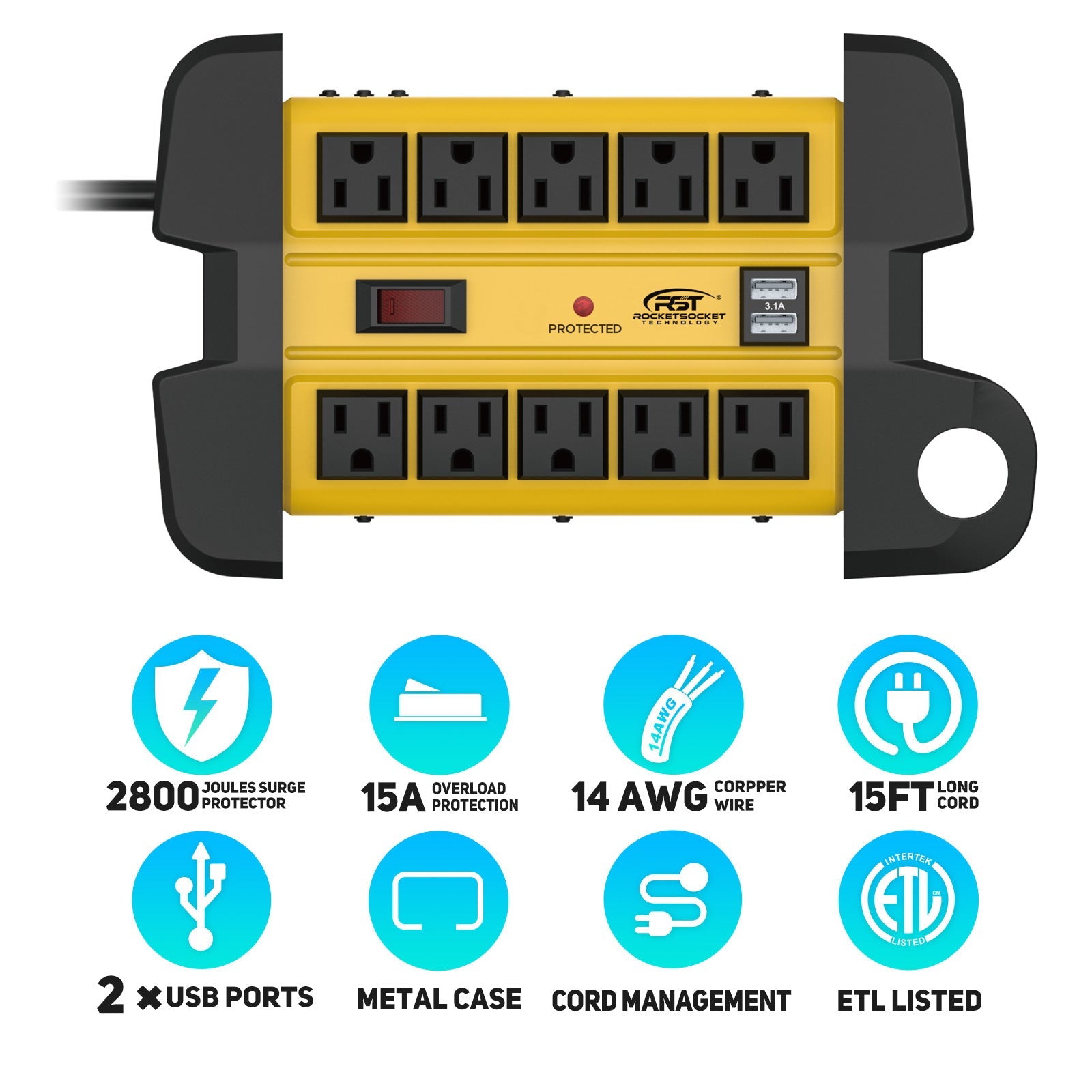 CRST 10-Outlet Metal Power Strip Surge Protector, 2800 Joules, 15ft Heavy Duty Cord with Management Wrap, Dual USB Ports, Industrial Mountable Design for Workshop & Garage