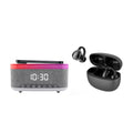 Complete Wireless Audio & Charging Bundle – Alarm Clock Radio Speaker with Wireless Charger + Earbuds