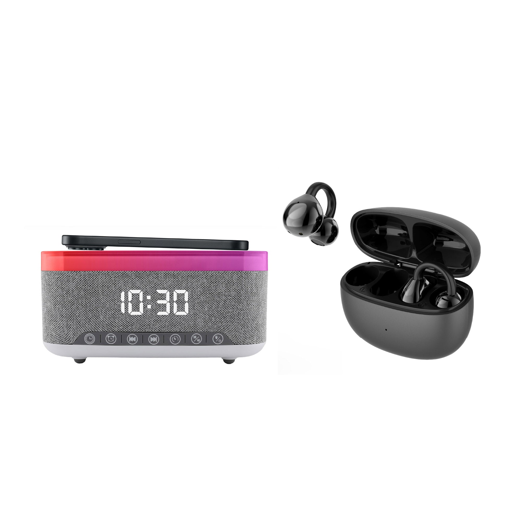 Complete Wireless Audio & Charging Bundle – Alarm Clock Radio Speaker with Wireless Charger + Earbuds