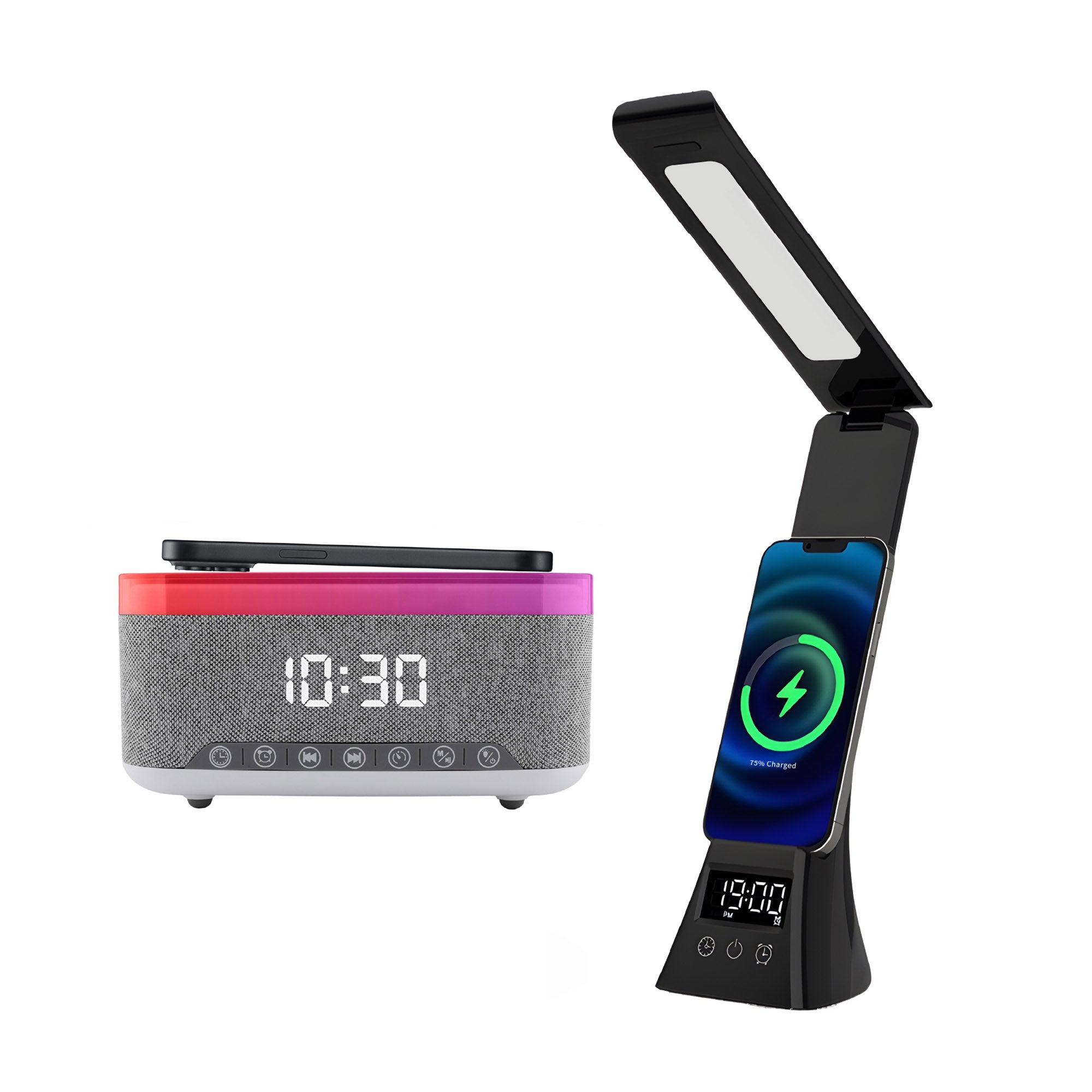 2-in-1 Charging & Illumination Set – Wireless Charging Alarm Clock Speaker + LED Desk Lamp Charger-0