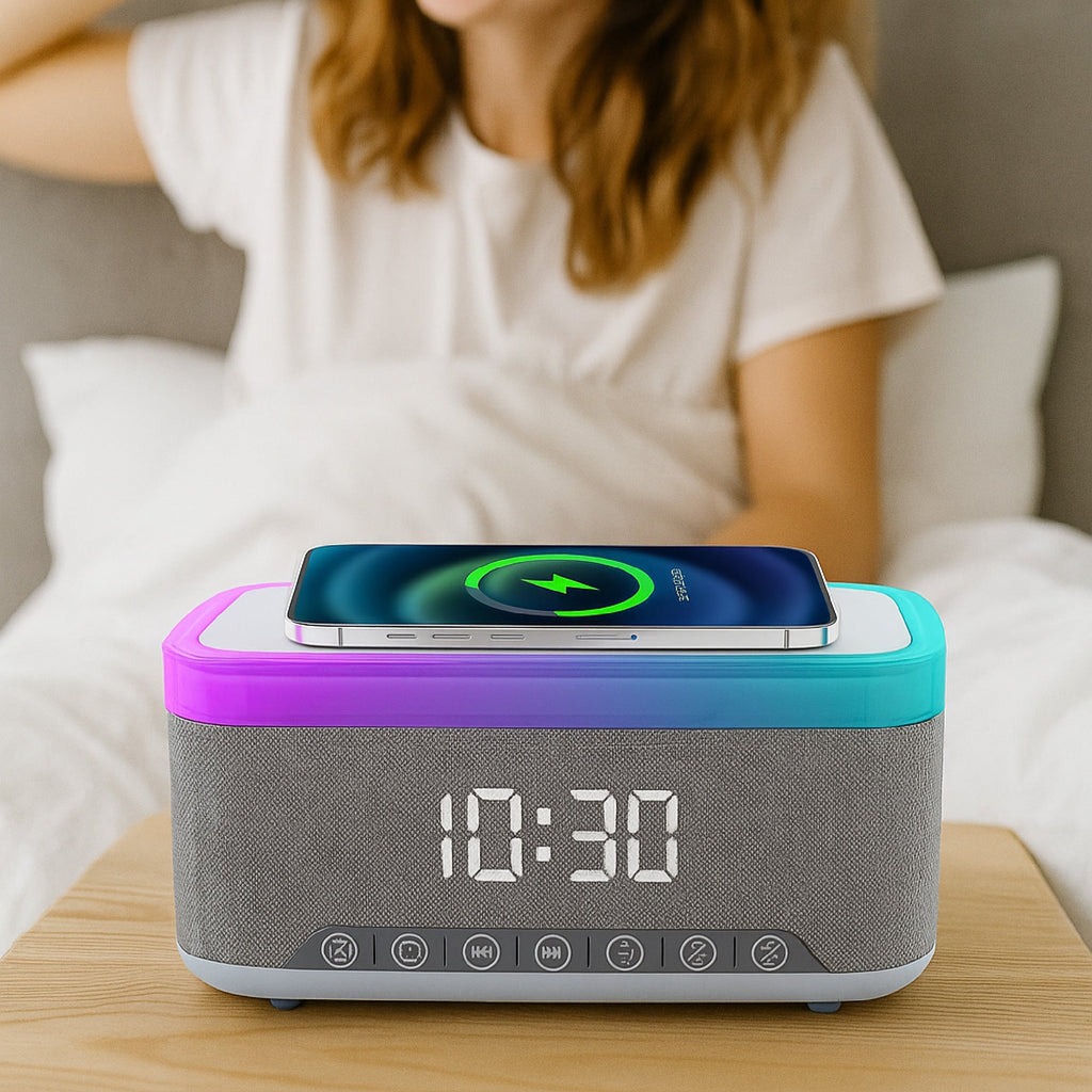 Complete Wireless Audio & Charging Bundle – Alarm Clock Radio Speaker with Wireless Charger + Earbuds
