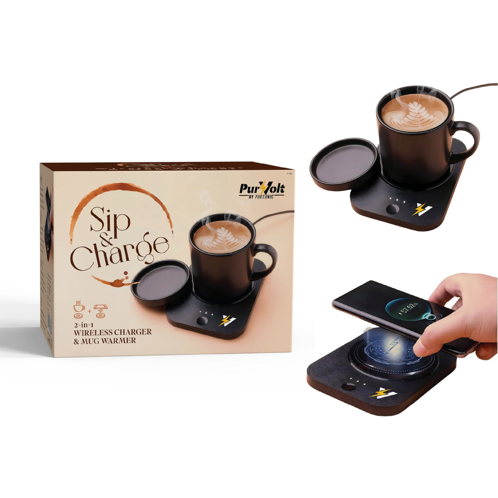 Desk-to-Bedside Power & Comfort Bundle – Sip & Charge 2-in-1 Mug Warmer + 5-in-1 Wireless Charging Alarm Clock Speaker