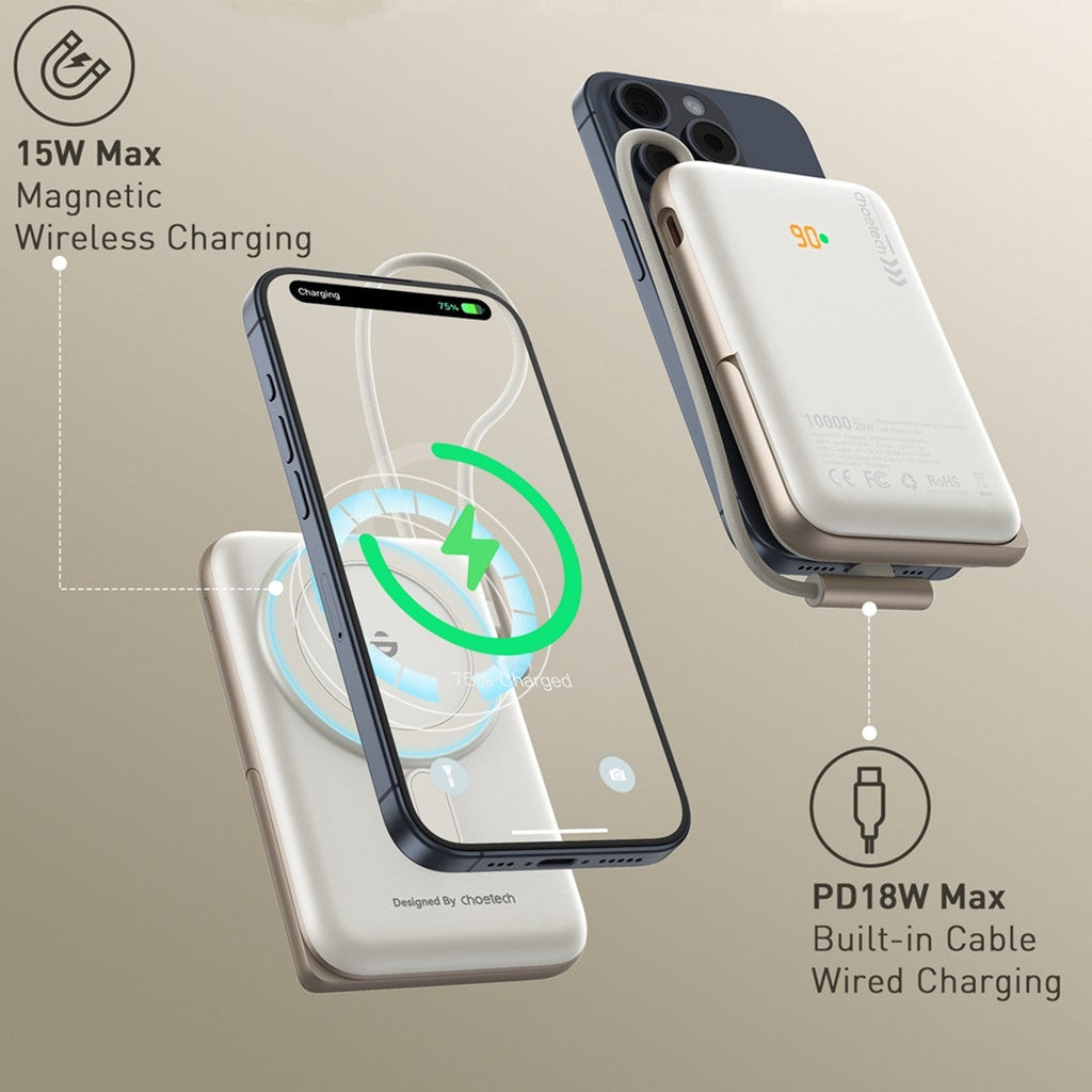 NNEDSZ CHOETECH B735-WH 10000mAh 20W MagLeap Wireless Power Bank White with Phone Holder and Build-in Cable-2
