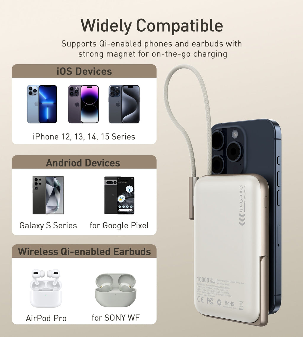 NNEDSZ CHOETECH B735-WH 10000mAh 20W MagLeap Wireless Power Bank White with Phone Holder and Build-in Cable-3