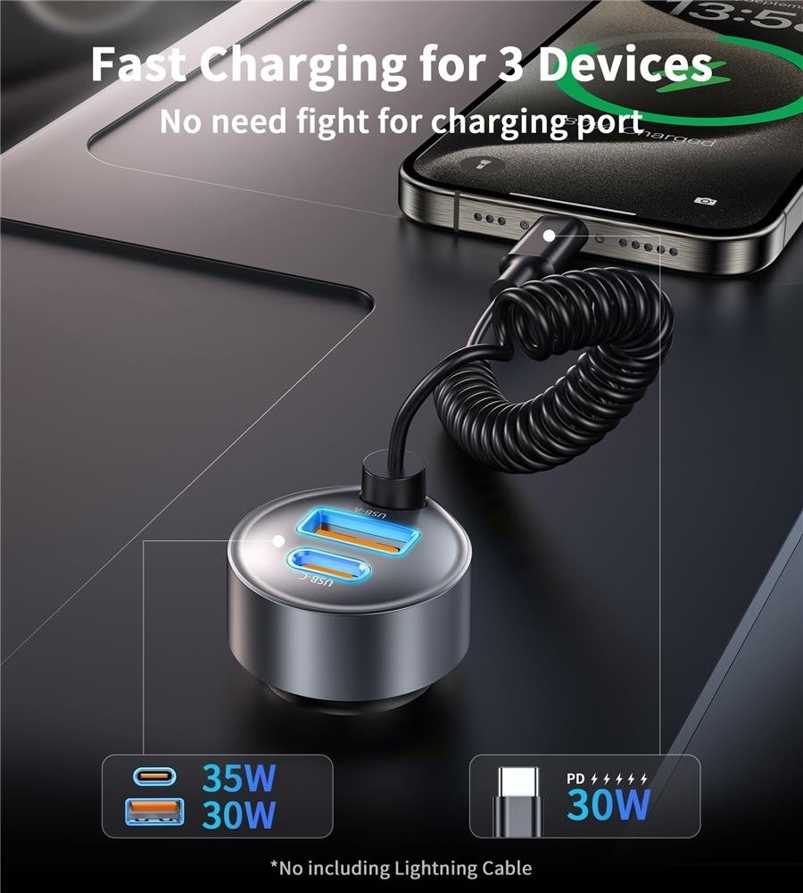 NNEDSZ CHOETECH TC0030 65W 3-Port Fast Car Charger with 3.3ft Type-C Stretchable Cable-2
