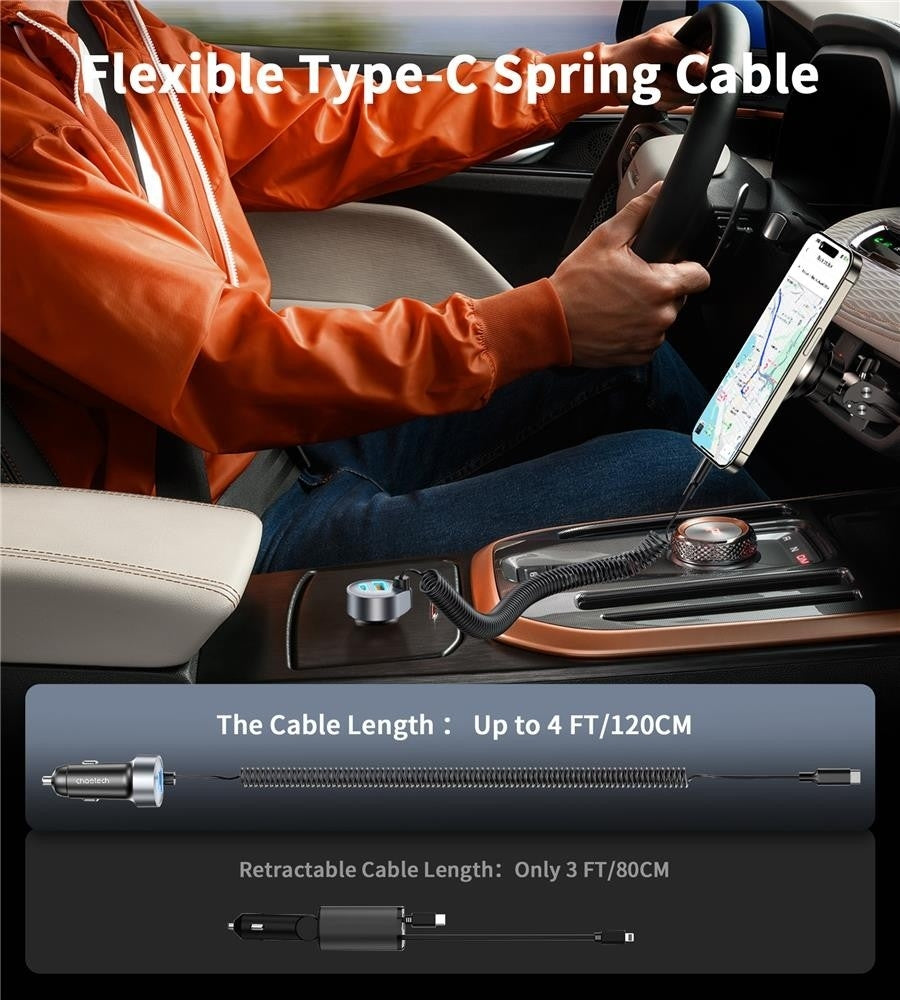 NNEDSZ CHOETECH TC0030 65W 3-Port Fast Car Charger with 3.3ft Type-C Stretchable Cable-3