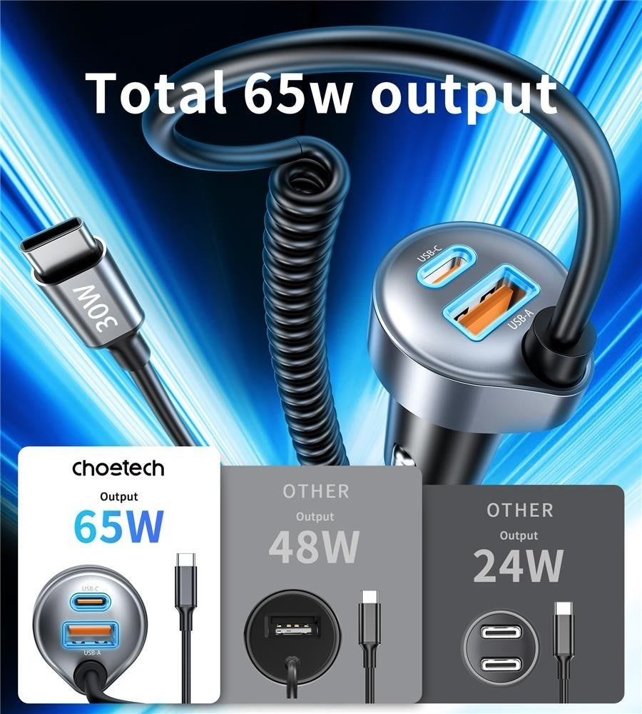 NNEDSZ CHOETECH TC0030 65W 3-Port Fast Car Charger with 3.3ft Type-C Stretchable Cable-4