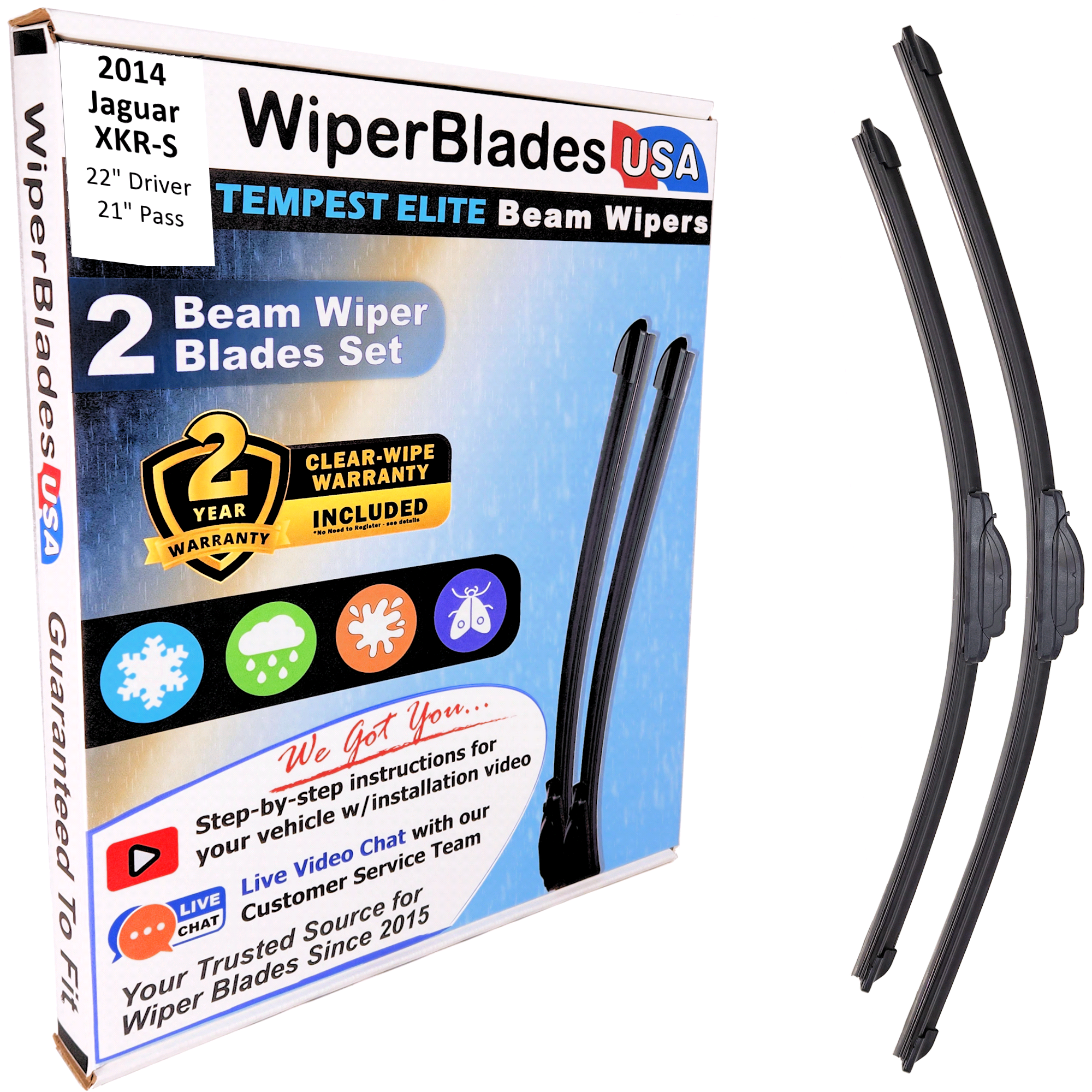 2014 Jaguar XKR-S Wiper Blades Set w/2yr Wear Warranty (Set of 2) Tempest Elite