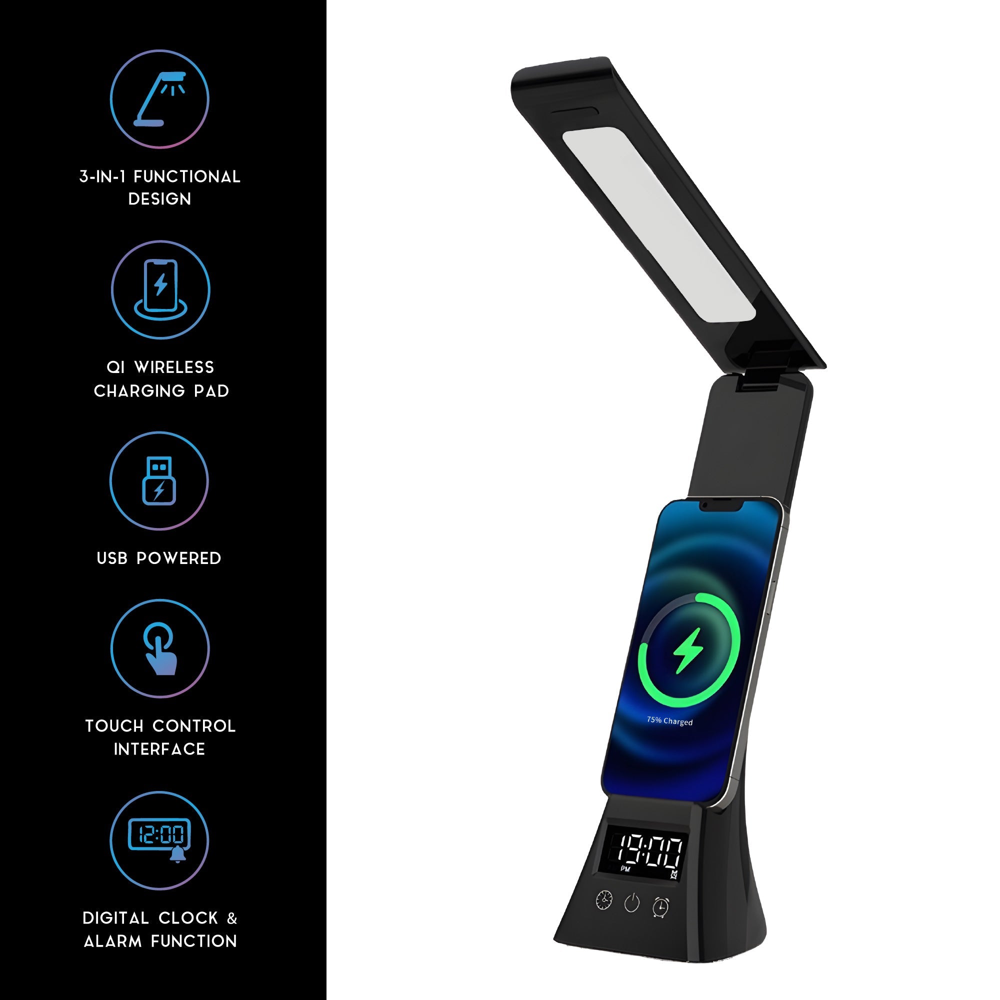 2-in-1 Charging & Illumination Set – Wireless Charging Alarm Clock Speaker + LED Desk Lamp Charger-2