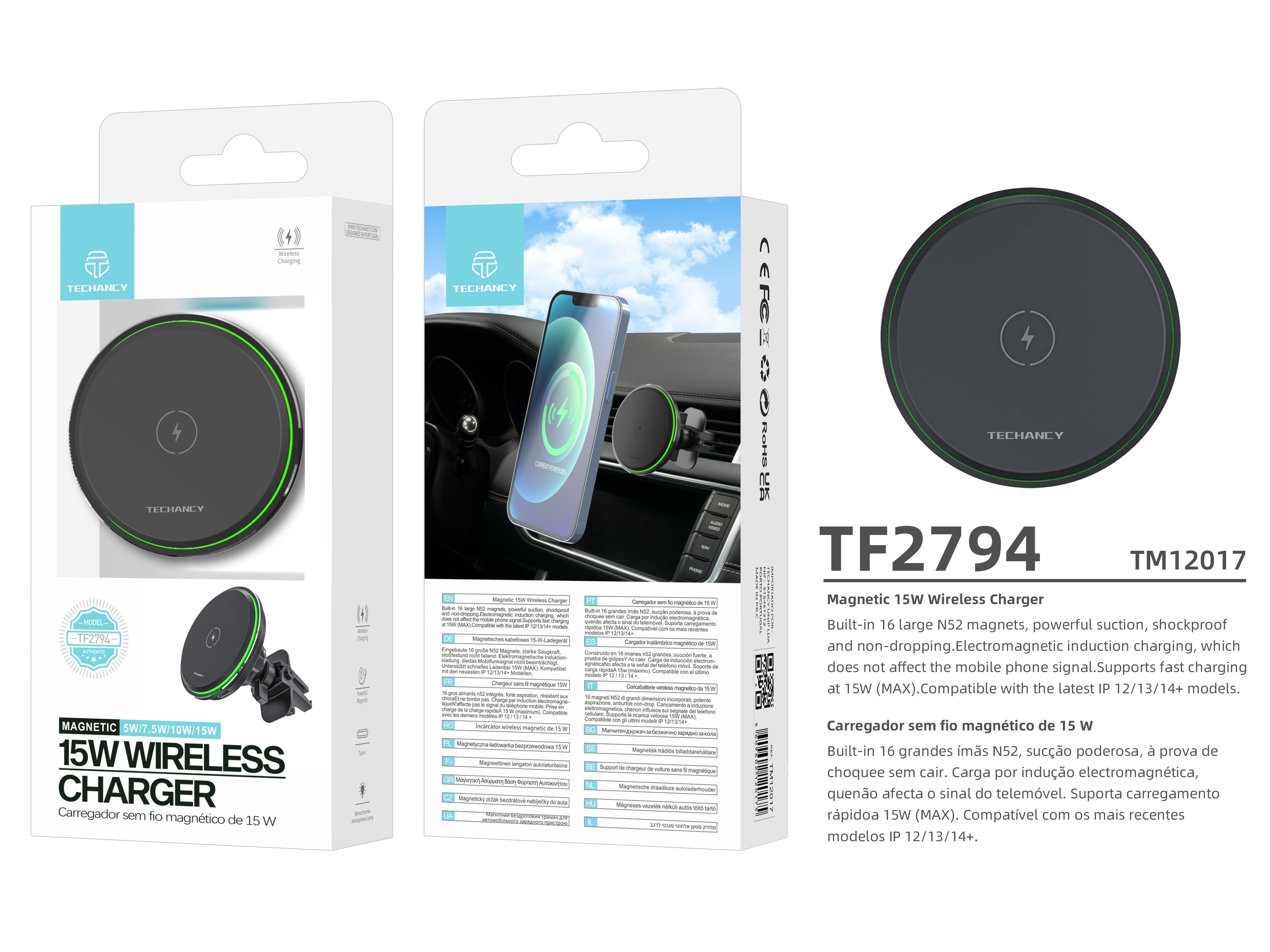 Techancy Suporte Para Telemóvel Com Carregador Sem Fios Para Automóvel  TF2794, Carregamento Sem Fios De 15 W，-3